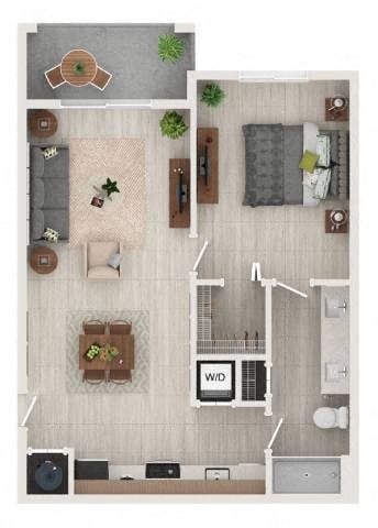 Floor plan for 1 bed, 1 bath, 730 sqft